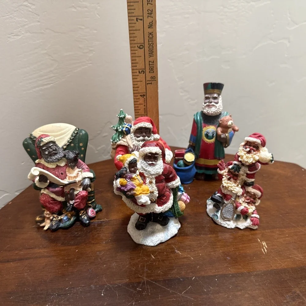 Vintage African American Black Santa Claus Resin Figurine Lot of 5 Christmas